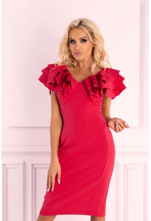 Malinowa Sukienka Wizytowo-Koktajlowa z Falbankami na Ramionach