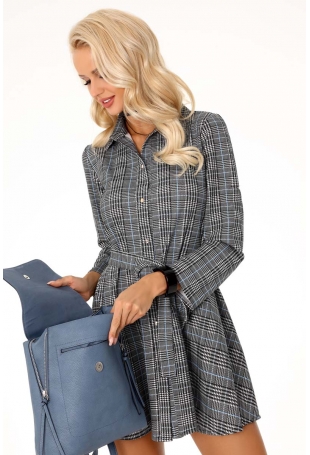 Szara Sukienka Szmizjerka w Kratkę