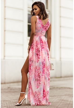 Długa Suknia Szyfonowa z Dekoltem V - Różowa
