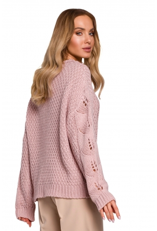 Sweter Oversize z Ażurowym Wzorem - Pudrowy