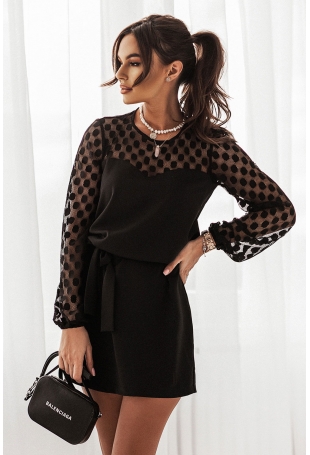 Sukienka z Bufiastym Rękawem z Siateczki  w Grochy