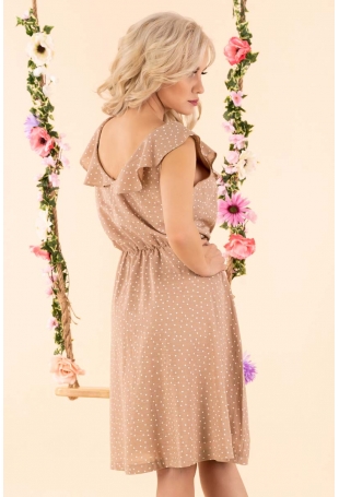 Rozkloszowana Sukienka w Drobne Groszki z Falbankami - Beżowa