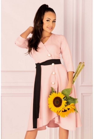 Pudrowa Rozkloszowana Sukienka Zapinana na Guziki