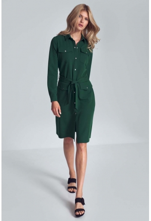 Koszulowa Sukienka z Kieszeniami Zapinana na Zatrzaski - Zielona