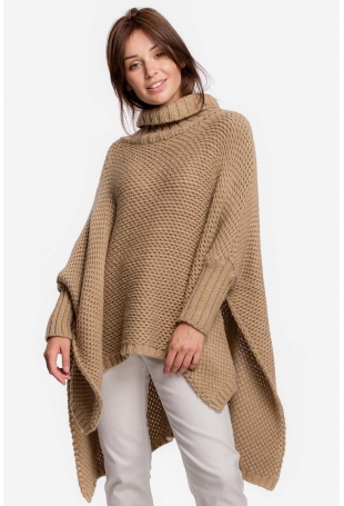 Asymetryczny Sweter-Ponczo z Golfem - Kamelowy