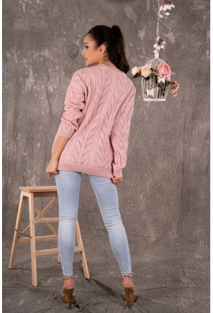Ażurowy Sweter z Warkoczami - Pudrowy