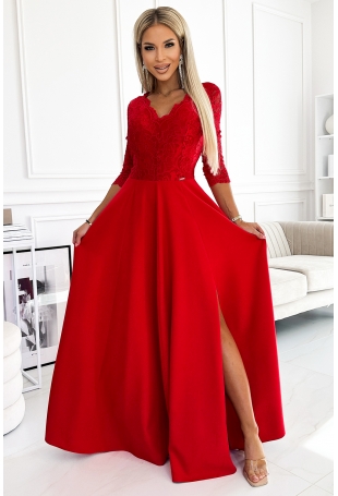 Długa Rozkloszowana Sukienka z Koronką - Czerwona