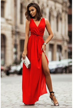Długa Suknia Szyfonowa z Dekoltem V - Czerwona
