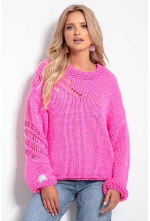 Luźny Sweter o Grubym Splocie - Różowy