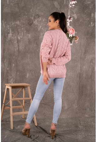 Ażurowy Sweter z Warkoczami - Pudrowy