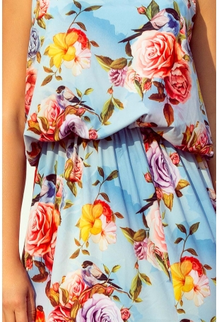 Błękitna Maxi Sukienka Wiązana na Szyi w Kwiaty