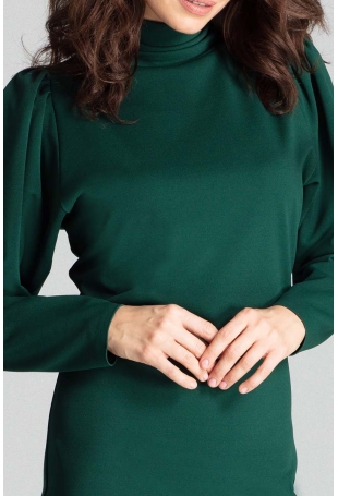 Zielona Dopasowana Sukienka z Długim Bufiastym Rękawem 