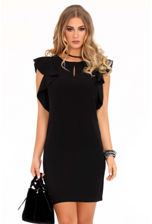 Czarna Ołówkowa sukienka z Falbankami na Ramionach