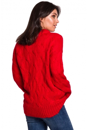 Czerwony Ciepły Sweter z Półgolfem w Warkocze