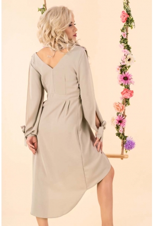 Asymetryczna Sukienka z Rozciętymi Rękawami - Beżowa