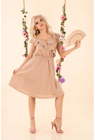 Rozkloszowana Sukienka w Drobne Groszki z Falbankami - Beżowa