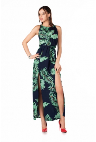 Długa Sukienka bez Rękawów z Tropikalnym Nadrukiem