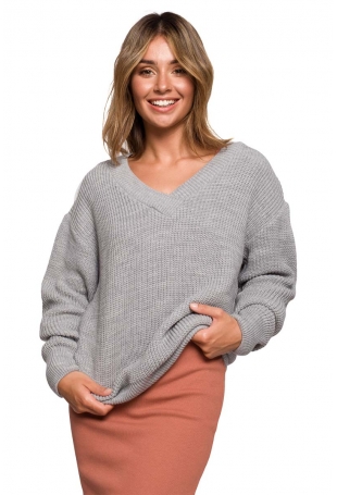 Klasyczny Sweter z Dekoltem w Szpic - Szary