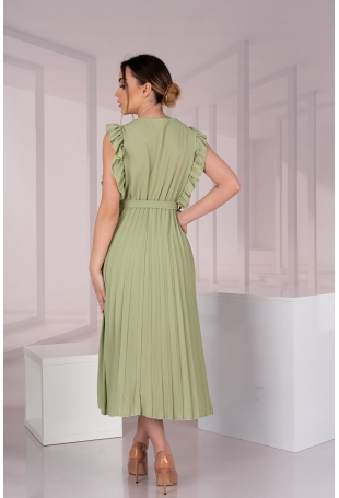 Elegancka Plisowana Sukienka z Kopertowym Dekoltem - Oliwkowa