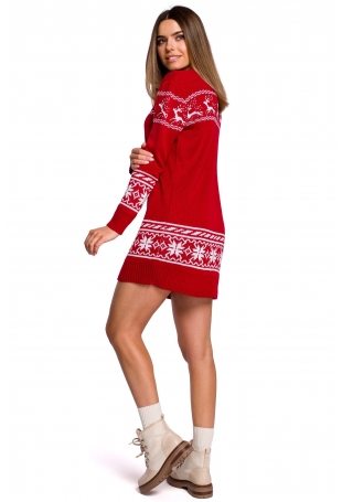 Czerwona Prosta Swetrowa Sukienka ze Świątecznym Motywem