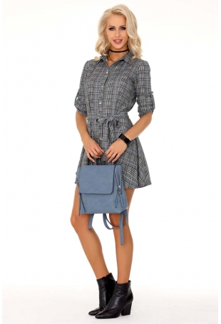 Szara Sukienka Szmizjerka w Kratkę