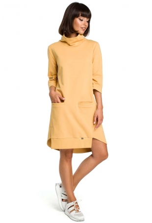Żółta Dresowa Asymetryczna Sukienka z Golfem