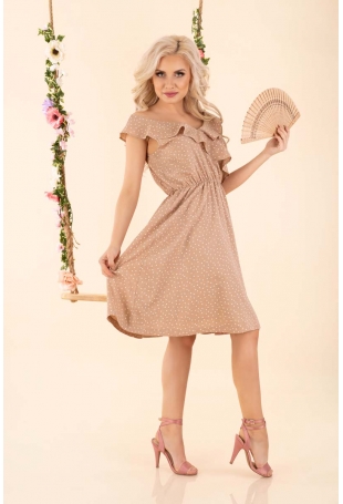 Rozkloszowana Sukienka w Drobne Groszki z Falbankami - Beżowa