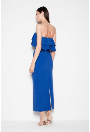 Niebieska Sukienka Długa Elegancka z Falbankami