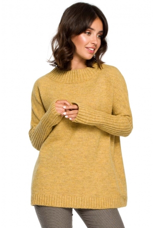Musztardowy Oversizowy Sweter z Niewielką Stójką