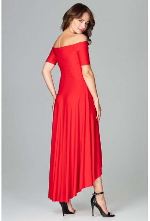 Czerwona Długa Asymetryczna Sukienka z Odkrytymi Ramionami