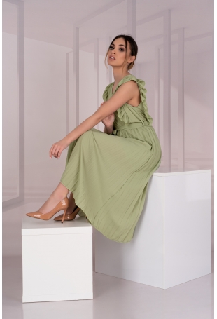Elegancka Plisowana Sukienka z Kopertowym Dekoltem - Oliwkowa
