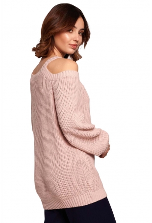 Luźny Sweter z Wycięciami na Ramionach - Różowy