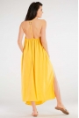 Długa Sukienka na Cienkich Ramiączkach z Rozcięciem - Żółta