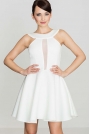 Biała Efektowna Rozkloszowana Sukienka z Transparentną Wstawką