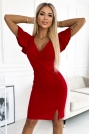 Czerwona Midi Elegancka Sukienka z Kopertowym Dekoltem