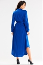 Długa Sukienka o Koszulowym Kroju z Asymetrycznym Dołem - Niebieska