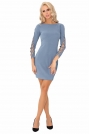 Niebieska Ołówkowa Mini Sukienka z Dekoracyjną Aplikacją na Rękawach