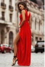 Długa Suknia Szyfonowa z Dekoltem V - Czerwona
