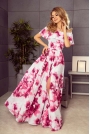 Różowa Kwiecista Maxi Sukienka z Hiszpańskim Dekoltem