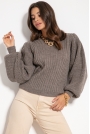 Sweter w Prążki z Bufiastym Rękawem - Latte