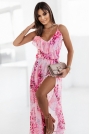 Różowa Szyfonowa Sukienka Maxi na Ramiączkach z Rozcięciem
