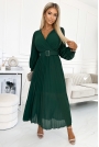 Zielona Długa Sukienka Plisowana z Paskiem