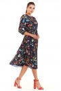 Granatowa Klasyczna Rozkloszowana Sukienka z Kolorowym Wzorem
