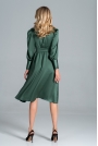 Rozkloszowana Satynowa Sukienka z Długim Bufiastym Rękawem - Zielona