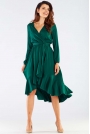 Asymetryczna Sukienka z Kopertowym Dekoltem i Falbankami - Zielona