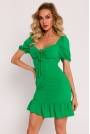 Zielona Mini Sukienka z Falbanką i Wiązaniem przy Dekolcie