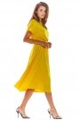 Żółta Rozkloszowana Midi Sukienka z Krótkim Kimonowym Rękawem