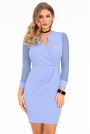 Niebieska Dopasowana Sukienka z Transparentnym Rękawem