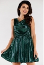 Rozkloszowana Błyszcząca Sukienka z Opadającym Dekoltem - Zielona