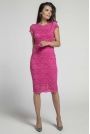 Różowa Koronkowa Ołówkowa Sukienka Midi z Dekoltem V na Plecach